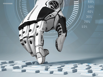 Robotic hand writing in keyboard, represents a process automation